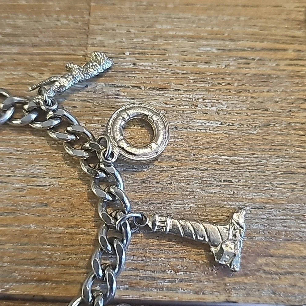 Chunky Charm Bracelet, Vintage Nautical Ocean Vacation Theme, Silvertone